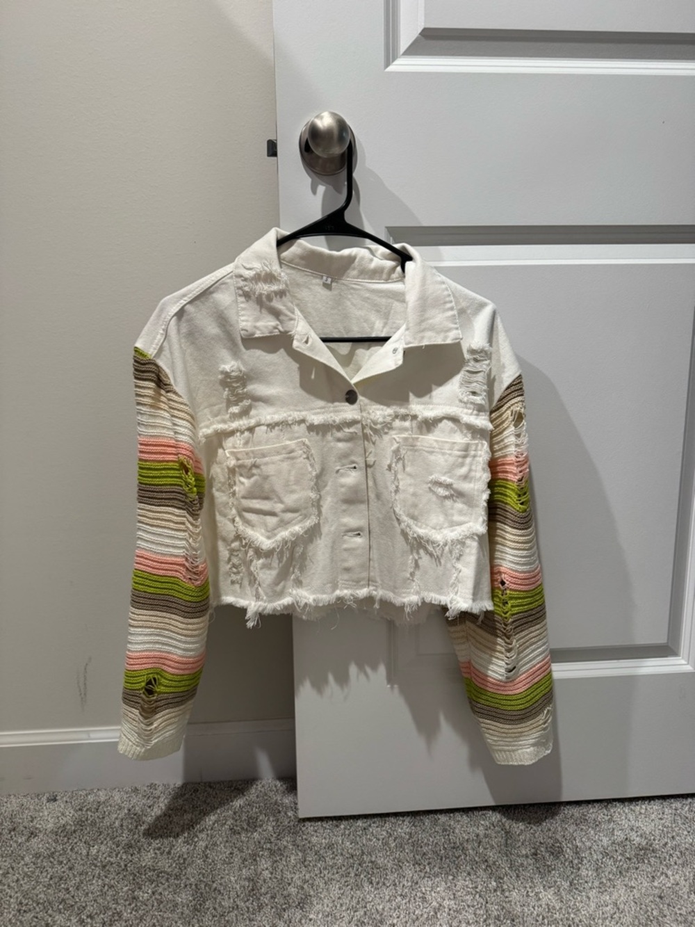 Cropped White Denim Jacket with Striped Knit Sleeves